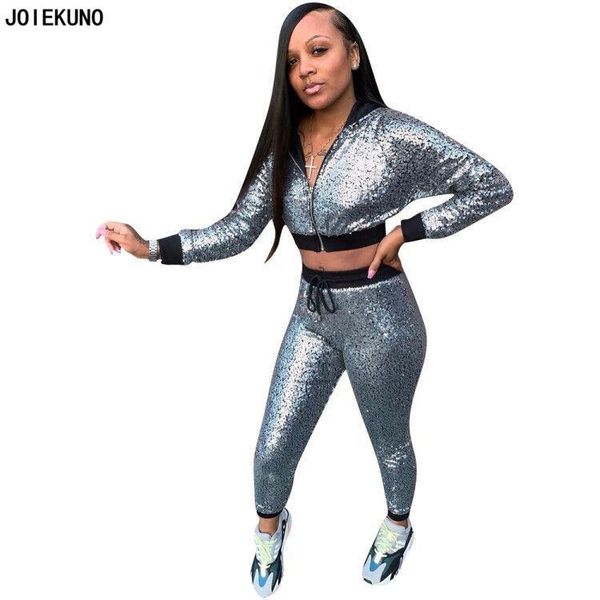 

two piece dress joiekuno solid fashion club rompers womens jumpsuit crops hooded sequined party set women nz8232, White