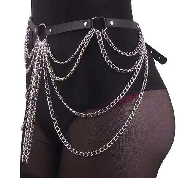 

belts black leather chain belt multi-layer adjustable metal waist tassel body rivet cool goth punk style accessories, Black;brown