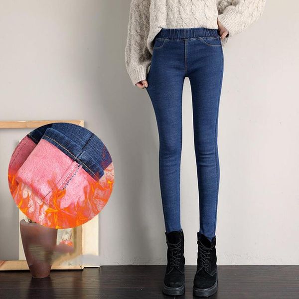 

plus size solid colors thick elastic waist jeans women blue stretch skinny denim pencil pants velvet korean trousers female women's