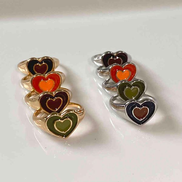 

love ring ins creative simple colorful double layer heart cute vintage drop oil s for women girls fashion jewelry, Slivery;golden