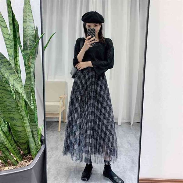 

autumn winter high waist black plaid a-line pleated skirt elastic casual all-match women long 210527