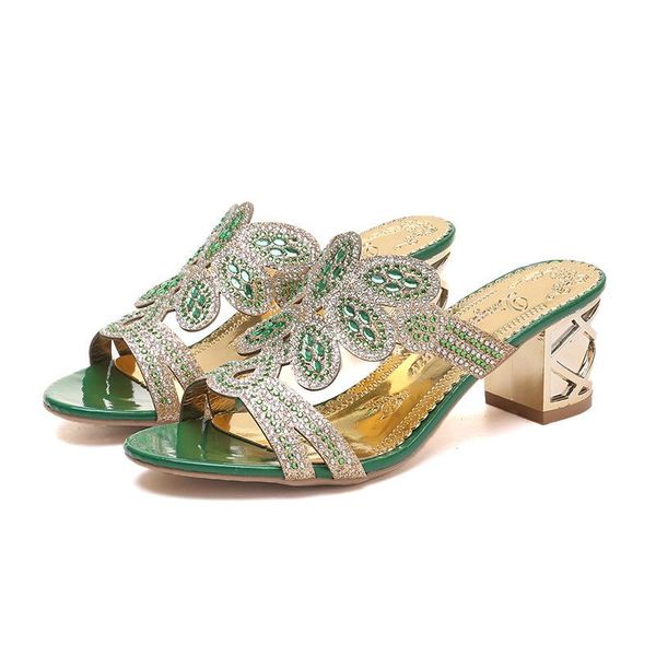 

sandals women 2021 summer style rhinestone fish mouth ladies and slippers drag all-match thick heel, Black