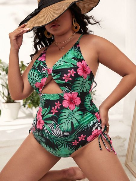 

plus tropical print drawstring side one piece swimsuit a0zd#, Black
