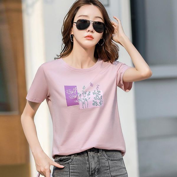 

women's t-shirt summer women 2021 korean floral print o-neck short sleeve tee shirts femme cotton casual pink top, White