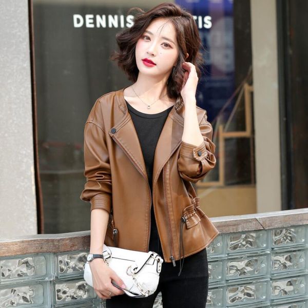

women's leather & faux women's jacket 2021 autumn motorcycle coat female short fashion ladies jackets outerwear, Black