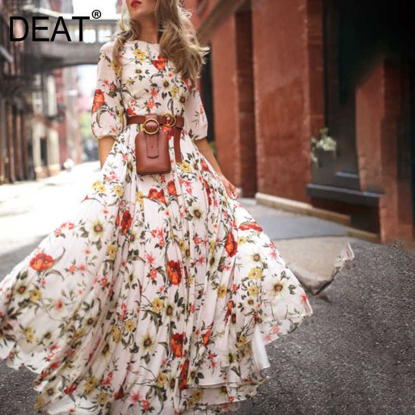 

[deat] summer fashion high waist floor-length printing three quarter sleeve loose elegant dress 13c953 210527, Black;gray
