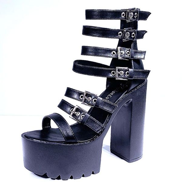 

brand shoes women extreme high block heels gladiator buckles zipper black gothic style summer sandals dress