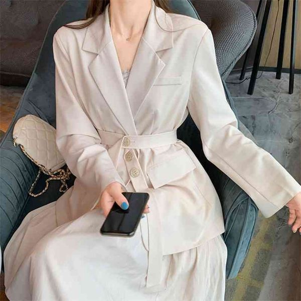 

spring autumn korean casual 2 piece set women sashes office blazer jacket coat + elastic waist skirt suit female two 210514, White