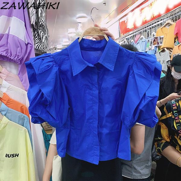 

women's blouses & shirts zawahiki korean vintage elegant shirt women summer turn down collar single breasted puff sleeve solid fashion, White