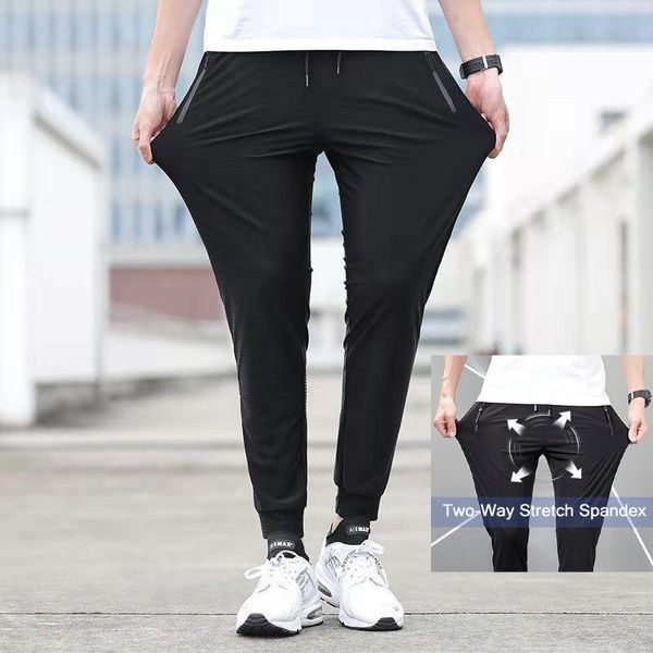 

men's pants ice silk summer quick drying sweatpants sports casual trousers elastic breathable big fat air conditioner overalls, Black