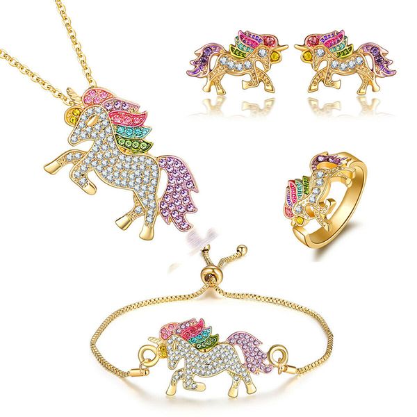 Anelli di unicorno di cristallo Collana Bracciale Orecchini Set di gioielli Simpatico cartone animato Accessori per cavalli arcobaleno per le donne