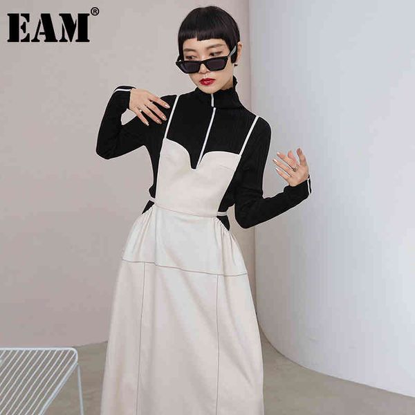 

[eam] women black pu leather thick long spaghetti strap dress sleeveless loose fit fashion spring autumn 1dd0471 21512, Black;gray