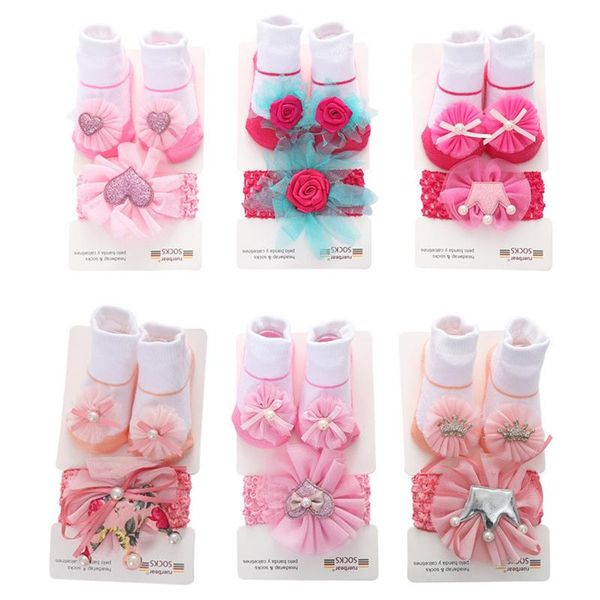 

socks 2pcs/set baby girl bow princess cute cartoon mesh lace headband born pographic props hair band set, Pink;yellow
