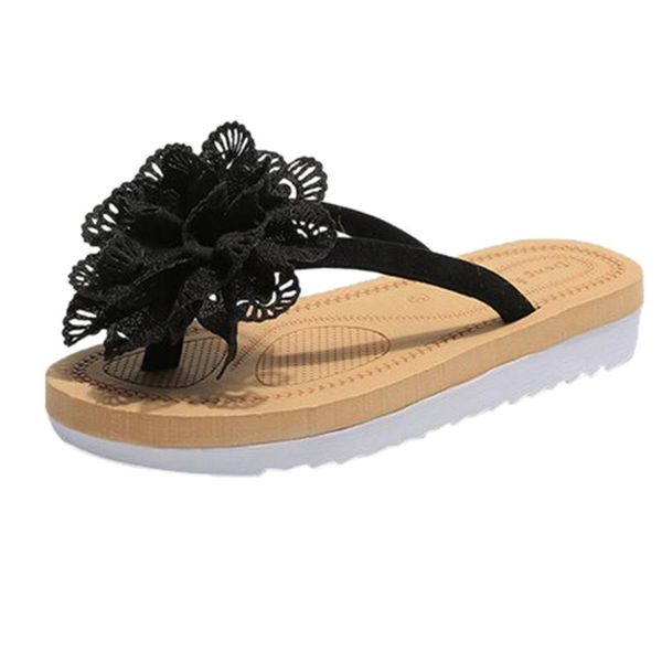 

slippers fashion women summer flip flops slipper flower flat with beach slides round toe shoe outside apr 23, Black