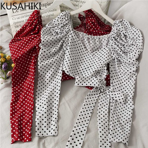 

kusahiki korean dot sweet short blouse bow bandage slim waist women shirt pleated puff long sleeve blusas 6e602 210602, White