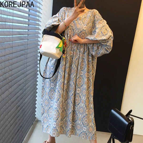 

korejpaa women dress summer korean chic retro ethnic style abstract print v-neck lantern sleeve loose large swing vestidos 210526, Black;gray
