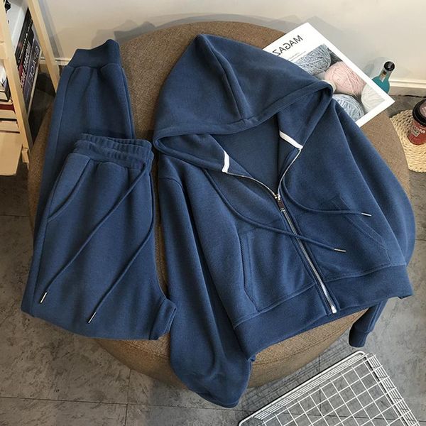 

women's two piece pants autumn leisure sports trouser suit woman zip cardigan long sleeve hooded sweatshirt women loose fashion lace-up, White