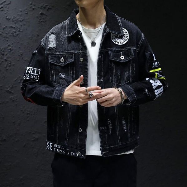 

men's jackets denim jacket men women hiphop streetwear punk rave steampunk motorcycle cowboy graffiti ripped outwear brand jeans, Black;brown
