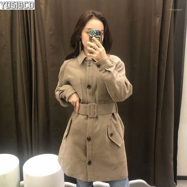 

women 2021 fashion with belt loose woolen coat vintage long sleeve pockets female outerwear chic overcoat women's wool & blends, Black