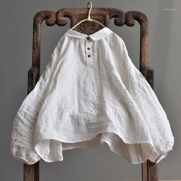 

women autumn loose solid color vintage blouses and ladies ramie retro female korean style shirts pullover plus size women's &, White