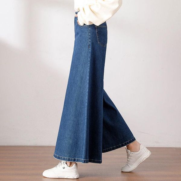 

women's jeans 2021 spring and autumn large size loose high waist wide leg pants cropped, Blue