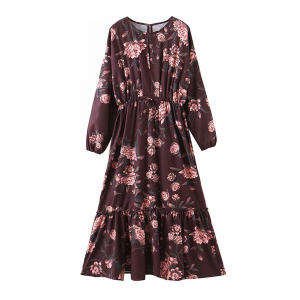 

stylish retro floral print midi dress o neck long sleeve female casual stylish a line es vestidos 210430, Black;gray