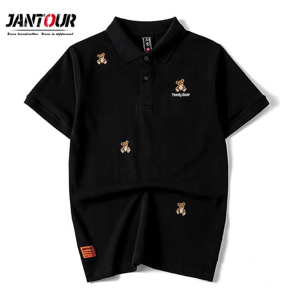 

spring summer teedy bear embroidery polo shirt men's urban boys streetwear short sleeve sweatshirt male plus size m-4xl 210329, White;black
