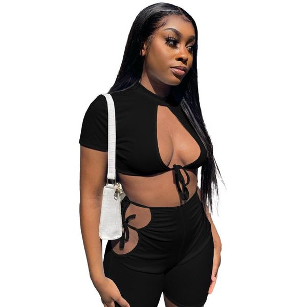

women's tracksuits waterarea two piece set women suits short sleeve hollow out crop bandage biker shorts night club outfits matchin, Gray
