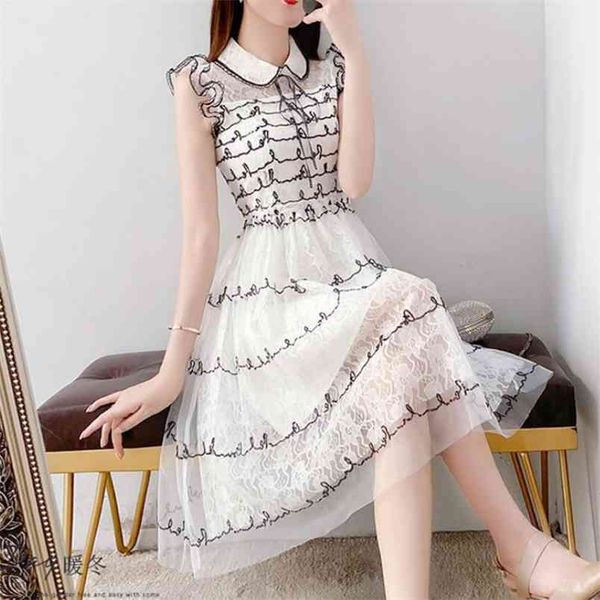 

summer women mesh dress elegant chic embroidery sleeveless high waist party tulle midi 210519, Black;gray