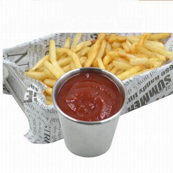 

two size stainless steel sauce cups potato chips tomato paste cup restaurant salad dipping bowls