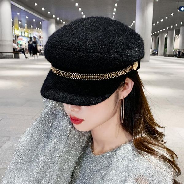 

stingy brim hats 2021 autumn winter imitated mink hair metal fishbone chain octagonal hat men women leisure all-match beret cap, Blue;gray
