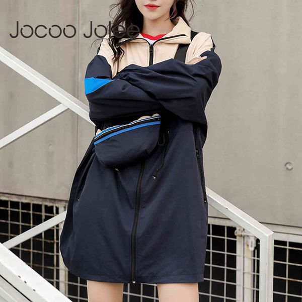 

autumn long sleeve color block loose drawstring windbreaker jackets casual streetwear patchwork coat 210428, Black;brown