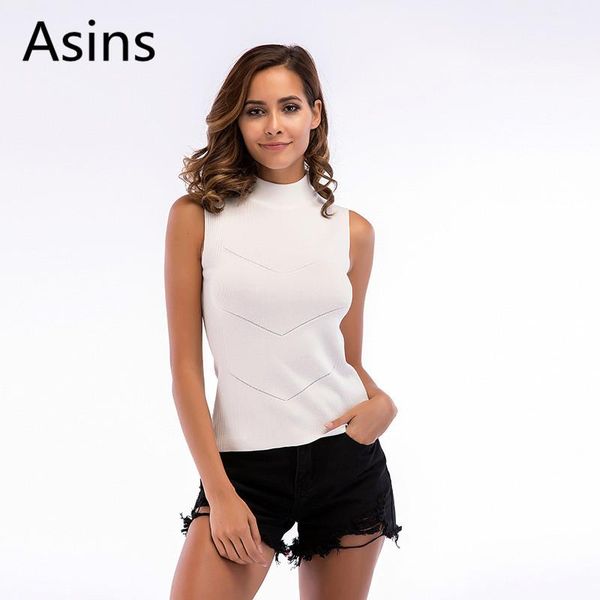 

women's t-shirt asins women 2021 summer casual fashion solid turtleneck sleeveless tight-fitting knitting, White