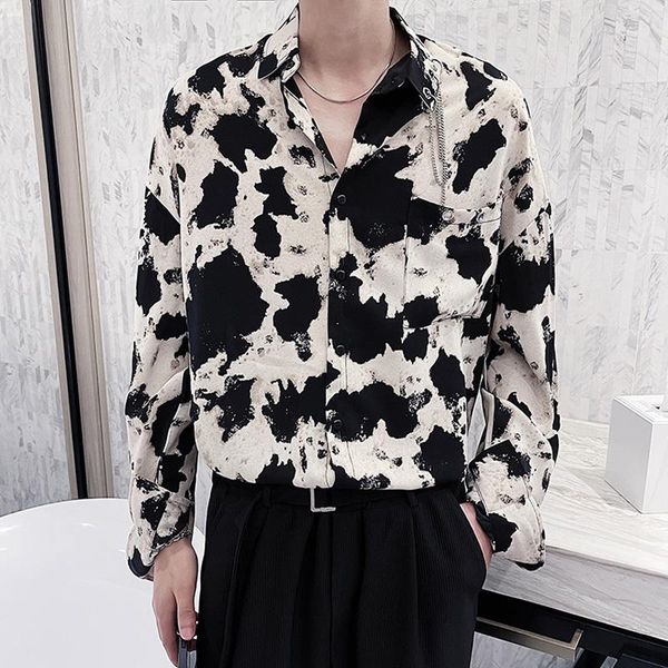 

men's casual shirts fashion club prom men streetwear neckline chain design male printing korean shirt long sleeved floral blouse, White;black