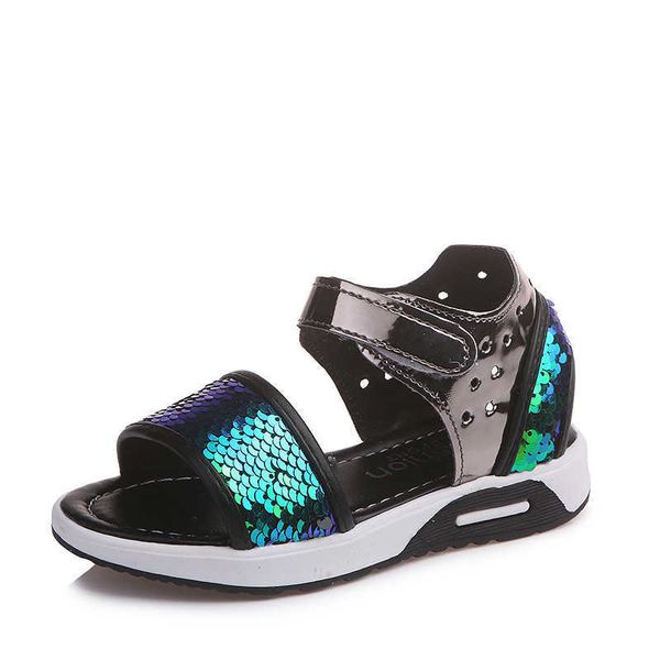 

elling designer new girls sandals summer shoes children sparkle paillette open toe flat ankle strap kids fashion casual sneakers classic lux, Black