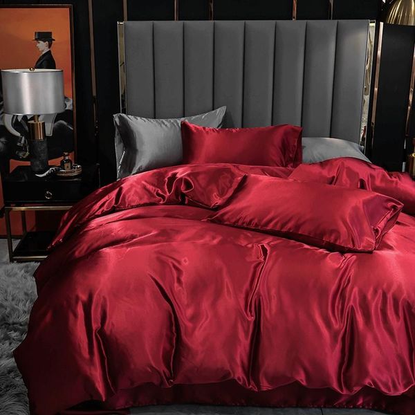 

europe satin comforter bedding set luxury bed setsilk black  king size duvet cover red linen sets