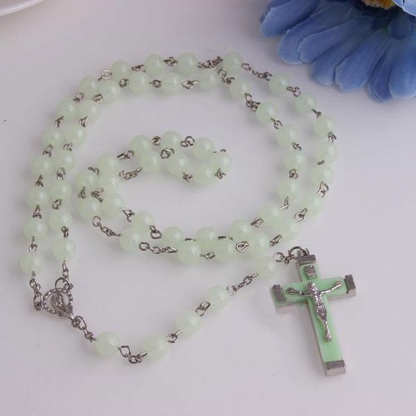 

pendant necklaces glow in dark plastic rosary beads luminous noctilucent necklace catholicism religious jewelry party gift ll@17, Silver
