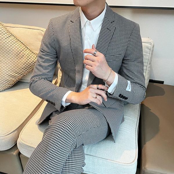

men's suits & blazers 2021 autumn wedding men houndstooth pants 2 pcs set business casual slim suit single button groom tuxedos clothin, White;black
