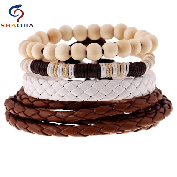 

tennis s men jewelry adjustable khaki pu leather wood beads wrap weaving bracelets multilayer chain women men's bracelet, Golden;silver