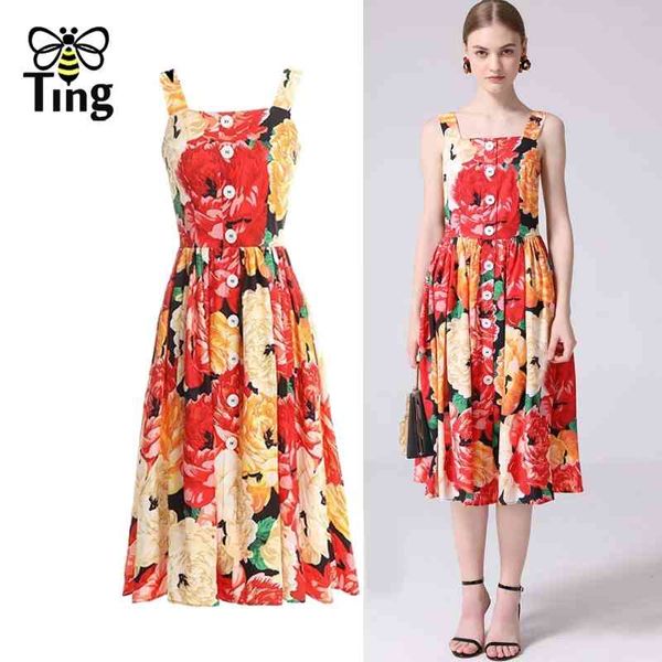 

designer floral fixed single breasted summer casual a line midi long dress vintage strap sundresses large size robe 210513, Black;gray
