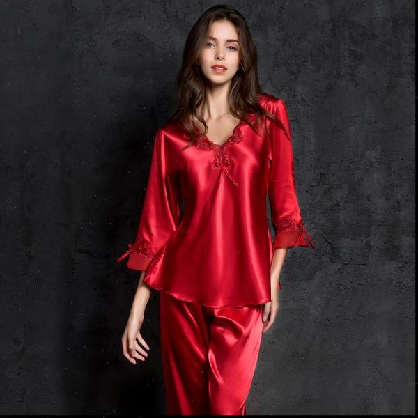 

pajama set pantsuit ice womens sleepwears silk suit long sleeve pajamas thin bud sleeping home clothe sleepwear, Black;red