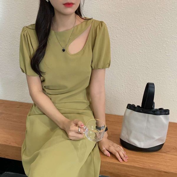 

chic summer machine dress collarbone hollowed out waist closing bubble sleeve pleated, Black;gray