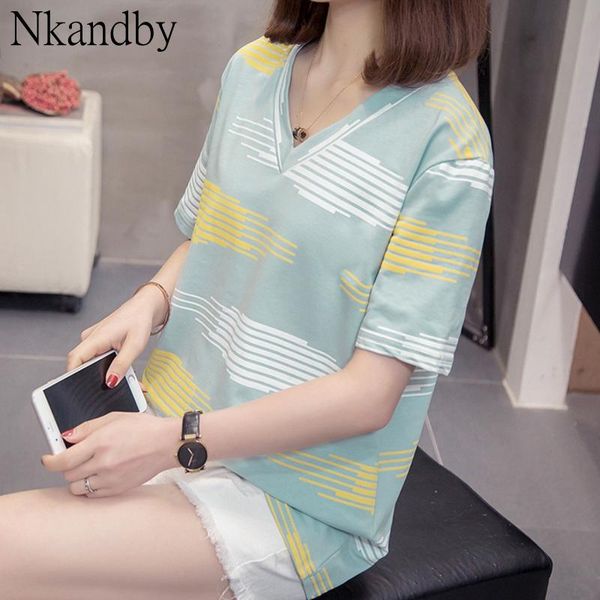 

pus size v neck t-shirt 2021 summer women casual loose style striped cotton short sleeve femme tees oversized clothes women's, White