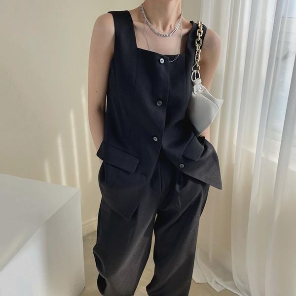 

women's vests retro square collar single-breasted vest jacket with back lace simple korean chic hipster sundress tunic sleeveless summe, Black;white