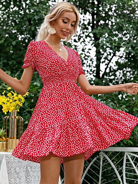 

ditsy floral shirred waist a-line dress 588f#, Black;gray