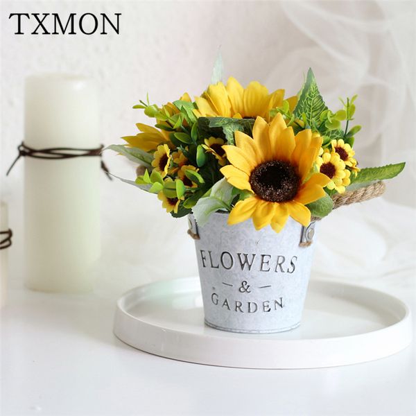 

sunflower retro iron bucket coarse hemp rope simulation bonsai plant set fake flower+pot decoration home artificial flowers