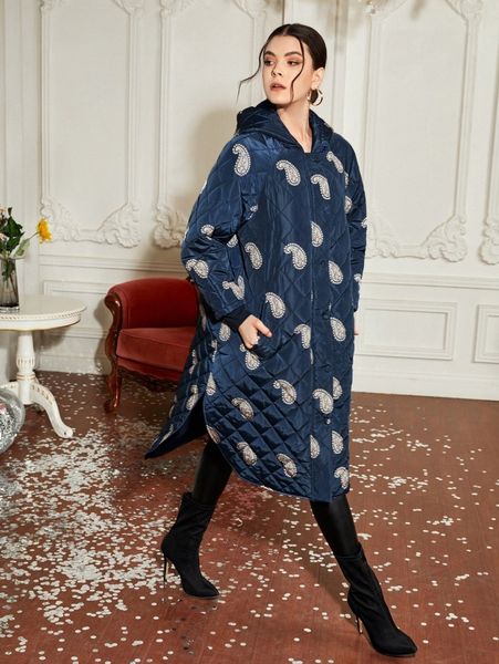 

x holichic paisley print split hem quilted winter coat r9tk#, Black