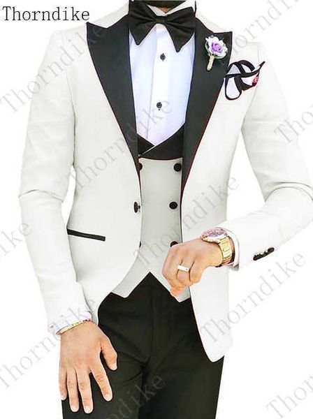 Thorndike Groomsmen Beyaz Damat Smokin Tepe Siyah Yaka Erkekler Düğün Takım Elbise Best Adam Blazer (Ceket + Pantolon + Papyon + Yelek) X0909
