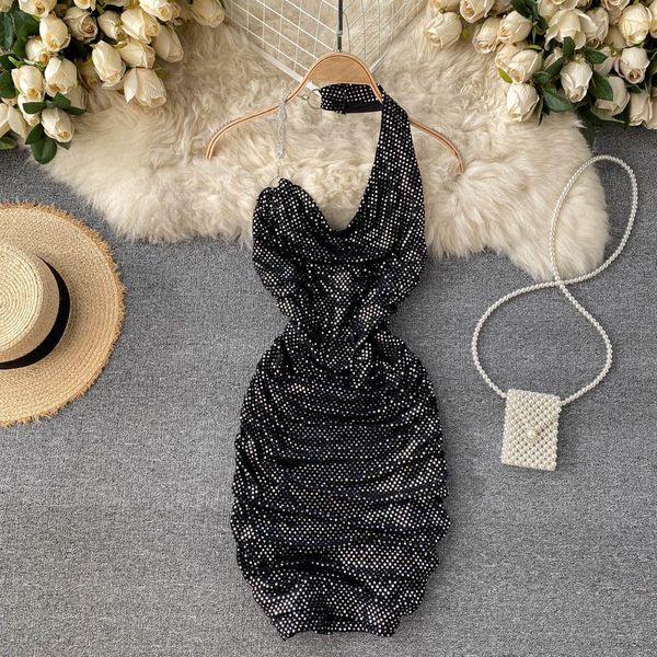 

party bodycon mini dress women elegant high waist slim shining bling polka dot draped strap vestido female fashion 210426, Black;gray