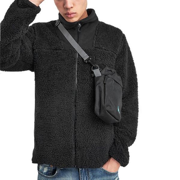 

men's hoodies & sweatshirts pure color zip sherpa fleece jacket for man, Black